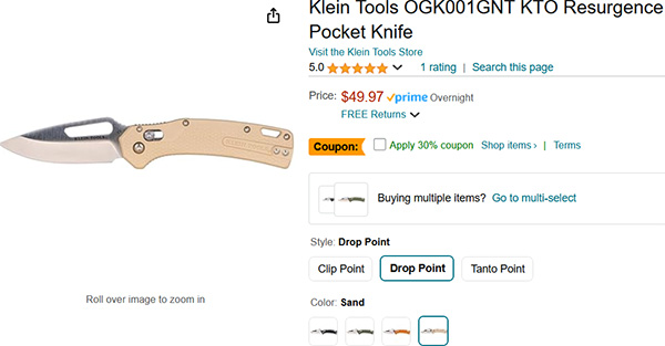 Screenshot showing Amazon listing for Klein Tools EDC folding knife with coupon offer