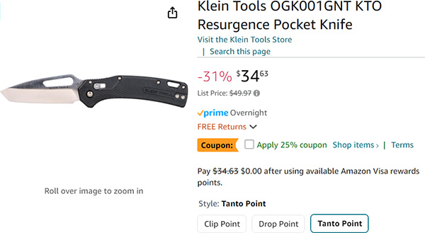 Screenshot showing Amazon listing for Klein Tools EDC tanto-style folding knife with coupon offer