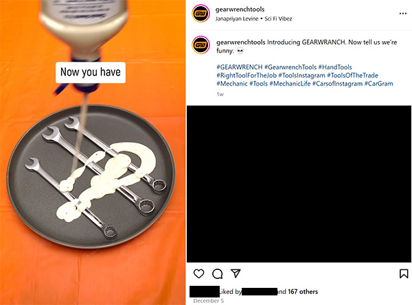 Gearwrench Ranch Dressing on Wrenches Instagram Post Screen Capture