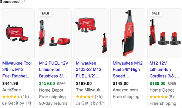 Google Search Results Screen Capture for Milwaukee Cordless Power Tool at Full Price