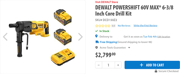 Dewalt PowerShift Core Drill Kit Product Listing Screen Capture