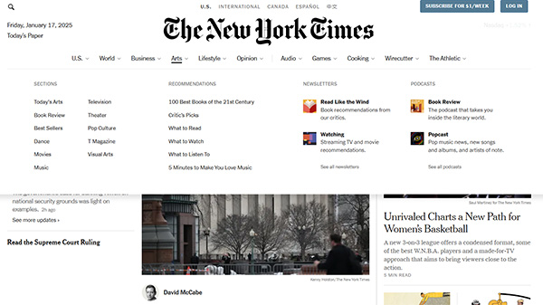NY Times Header Screen Capture January 2025